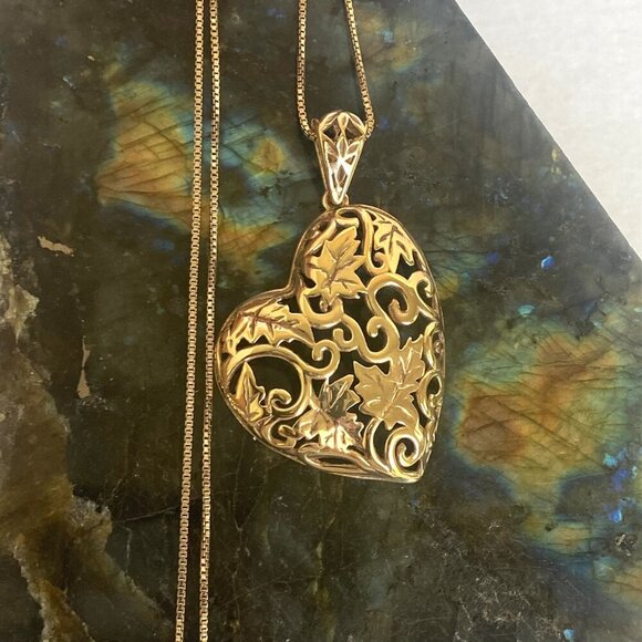 Gold Vermeil Sterling Silver 925 ITAOR Italy Leaf Heart Pendant Necklace 18" - Picture 1 of 16